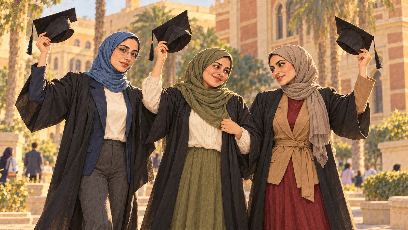 ثلاث صديقات يحتفلن بالتخرج أمام الجامعة، في مشهد مرسوم من الحكاية.
