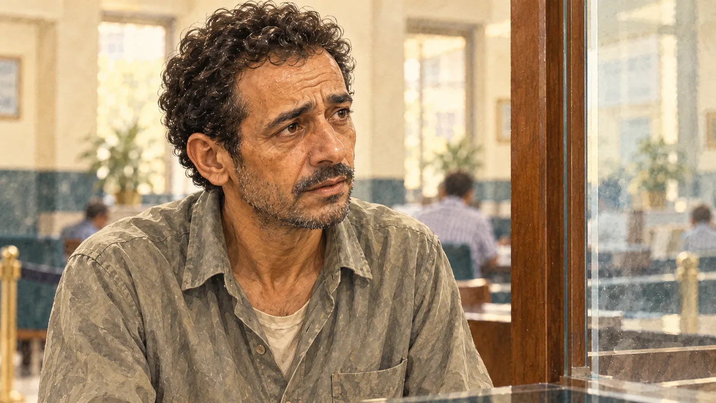 أحمد ينظر بقلق من أمام شباك البنك في مشهد مرسوم من الحكاية.